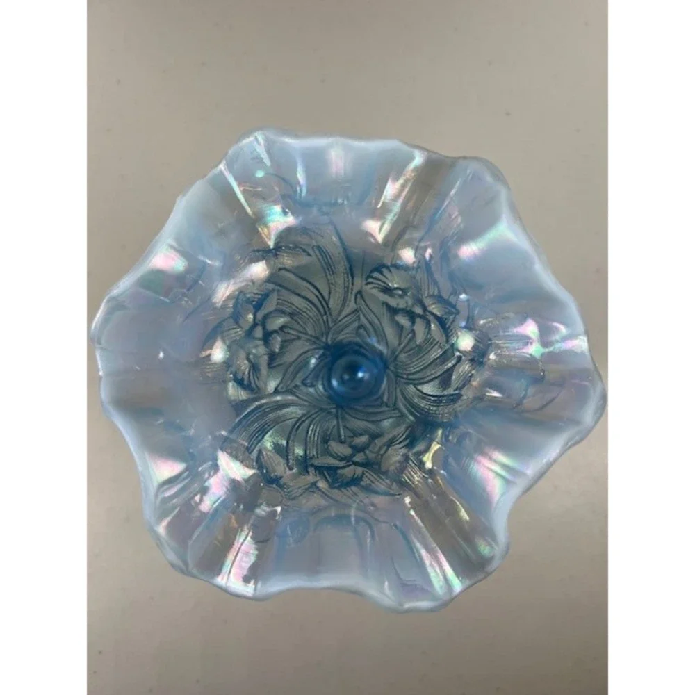 Fenton Ice Blue Iridescent Vase Daffodils Ruffled Edge 7-8